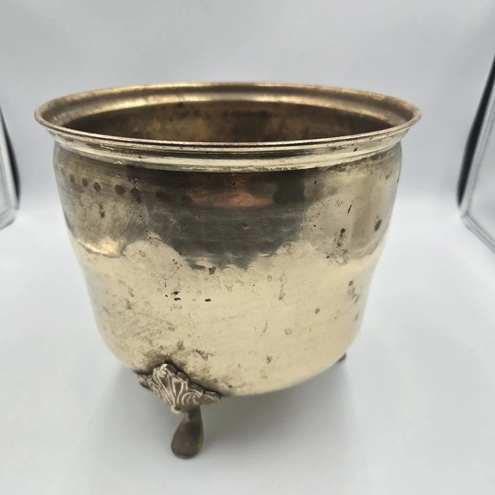 Vintage Solid Brass Hammered Planter Cachepot Claw Feet Patina Pot Large